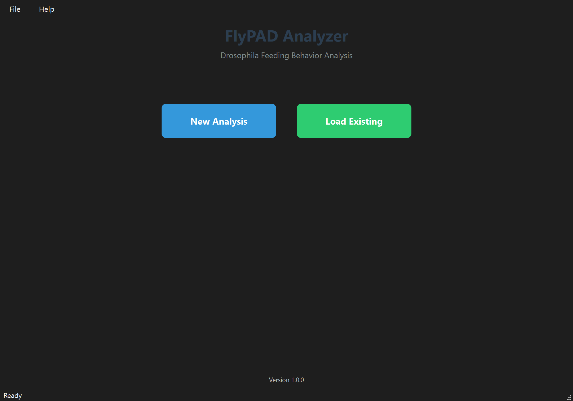 FlyPAD Analyzer — Welcome screen with New Analysis and Load Existing buttons